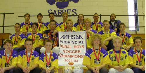 Members of the 2002-2003 provincial high school soccer champion Shevchenko Sabres are, front row: Tim Thiessen, Harry Tschritter, Jody Chambers, Dwayne Penner, Troy Smook, and Justin Loeppky. Middle row: Kris Driedger, Paul Tschritter, Ryan Kiansky, Scott Smook, Jeff Penner, Anton Hop and Ryan Giesbrecht. Back row: Lynden Loeppky, Glenn Hrynenko, Evan Persowich, Taurean Wiebe, Brad Waldner, Alex Bondavalli, and Ken Johanssen (coach). -Terry Frey The Carillon