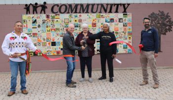 GREG VANDERMEULEN THE CARILLON 

From left, officially opening the new area was Cory Enns, project manager Terry Enns, Annette Bryant and Nazli Sharma of Communities in Blooms and Warren Britton, director of recreation and wellness in Niverville.