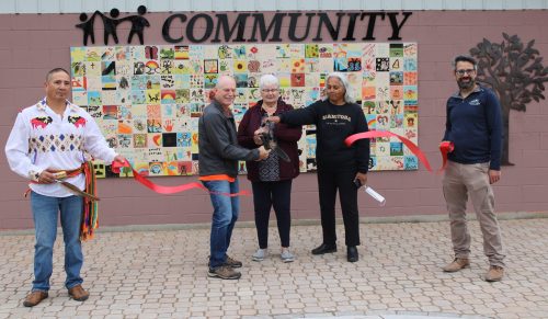 GREG VANDERMEULEN THE CARILLON 

From left, officially opening the new area was Cory Enns, project manager Terry Enns, Annette Bryant and Nazli Sharma of Communities in Blooms and Warren Britton, director of recreation and wellness in Niverville.
